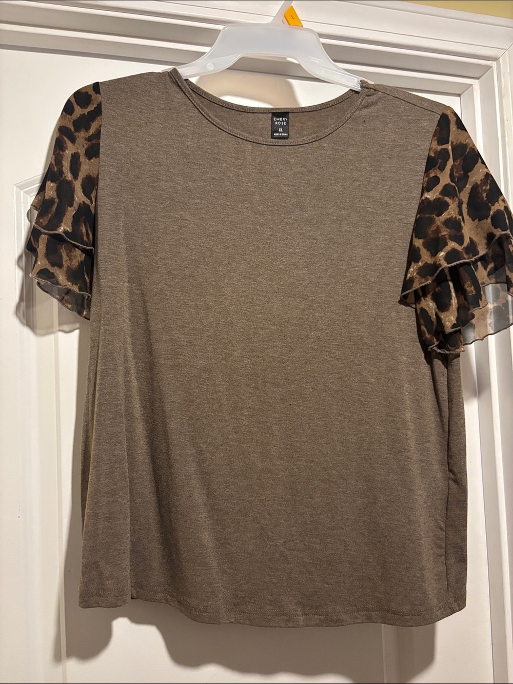 Brown Short-Sleeve Top with Leopard Ruffle Sleeves